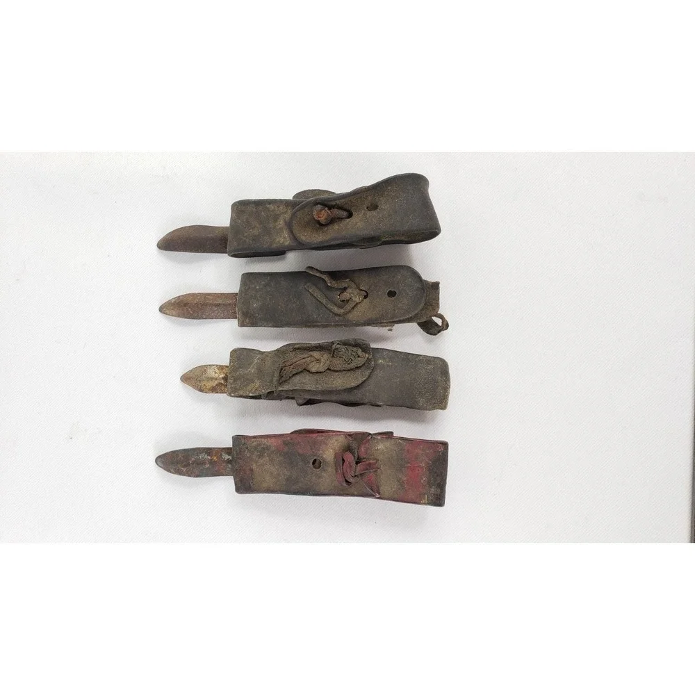 Lot 4 Vintage Primitive CORN HUSKERS Shuckers METAL & LEATHER Antique Farm Tools